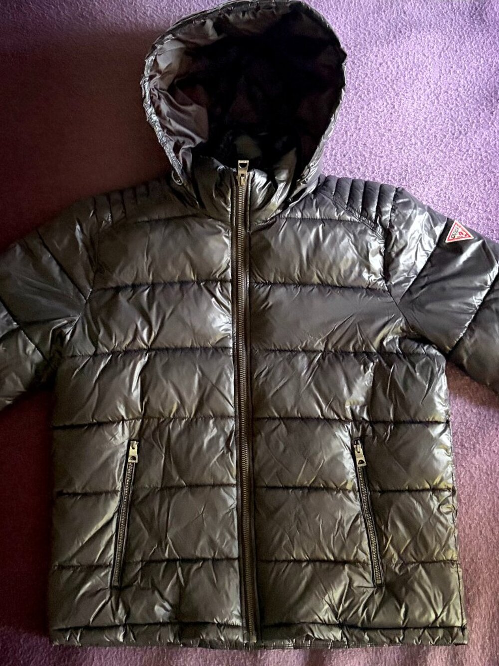 GUESS Men's Shiny Puffer Jacket With Removable Hood | Black